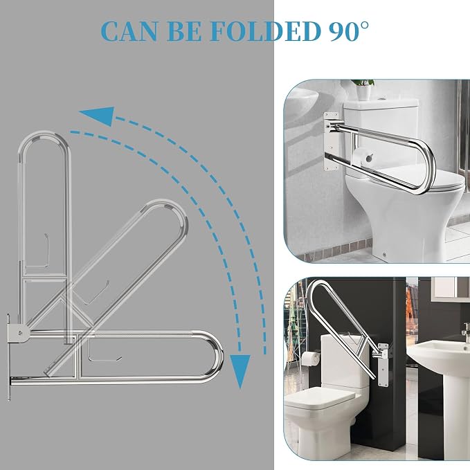 Folding Toilet Grab Bar 32 Inch Chrome, Munzong Anti-Slip Handicap Grab Bar | Flip-Up Bathroom Safety Rails Stainless Steel Knurled Support handrails for Seniors Elderly Disabled Pregnant