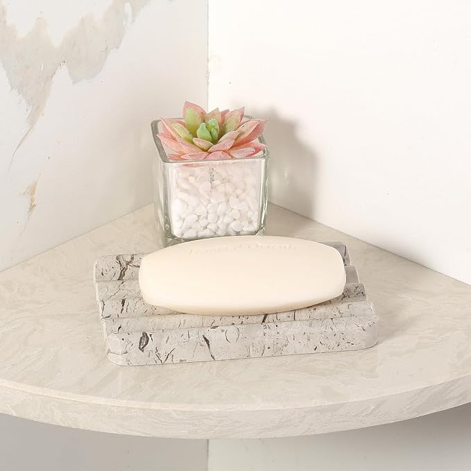 Natural Grey Marble Soap Dish for Shower, Stone Soap Tray for Bathroom, Gray Bar Soap Holder for Sink, Stripe Grooves Soap Saver Stone Dish Keep Bars Dry Easy Clean