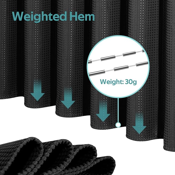 3 in 1 Shower Curtain Set, Waffle Shower Curtain and Liner Set with 12 Double Sided Shower Curtain Hooks, 258GSM Luxury Weighted Cloth Shower Curtains for Bathroom, 72 W x 72 H, Black