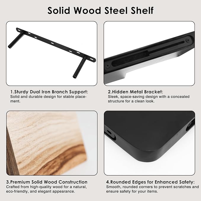 Fixwal Corner Floating Shelves for Wall Mounted Natural Solid Wood 16"x11.4" Farmhouse Home Decor Display Shelving Set of 3 (Black)