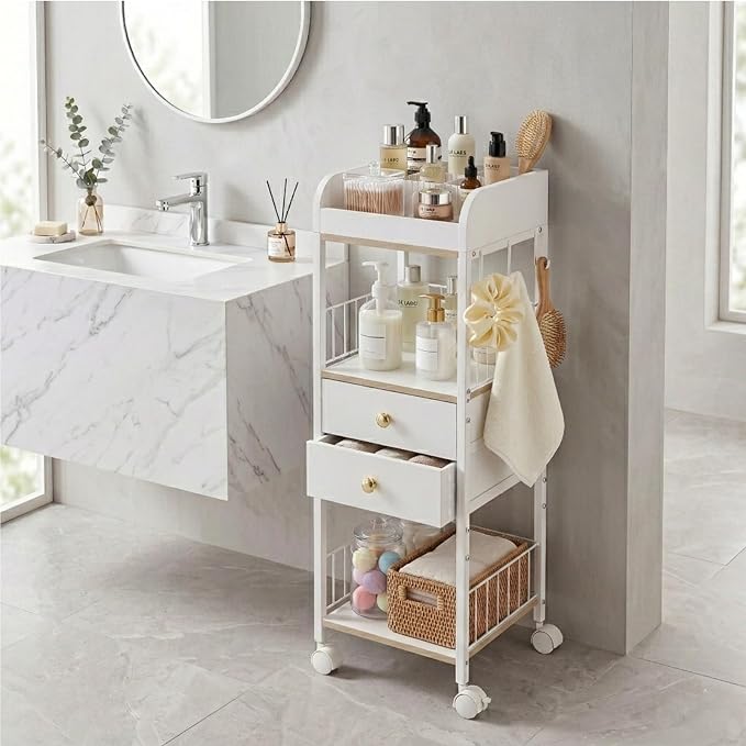 Makeup Organizer Cart, Rolling Floor Skincare Organizer and Storage with 2 Wooden Drawers, Cosmetics Display Cases Holder for Skin Care Perfume Hair Tools Nail Polish（White & Gold）
