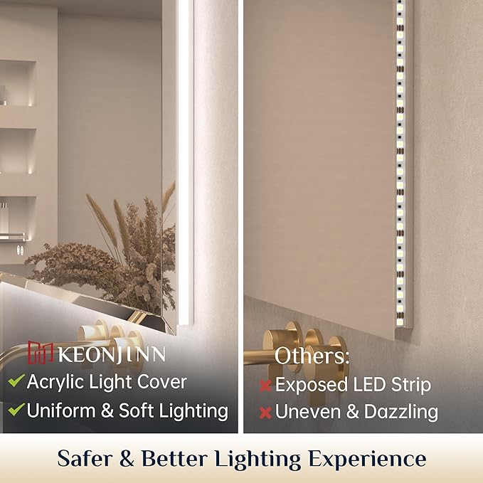 Keonjinn 24" x 30" LED Mirror for Bathroom, Backlit Mirror Beveled Edge | Safe Tempered Glass, Auto-OFF Defogging, Dimmable 3 Color Temperature, Effortless Installation, Lighted Bathroom Mirrors Wall
