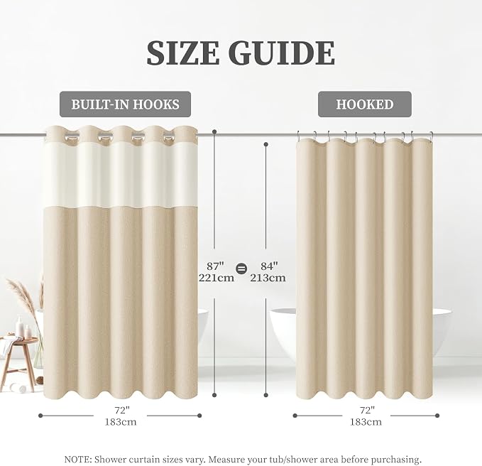 72x87 Ringless Linen Textured Shower Curtain with Snap in Liner, Cream | Extra Long Size, 3 in 1 Durable Fabric Shower Curtain, Removable Liner, Waterproof & Washable, Mesh Top Window, Easy Setup