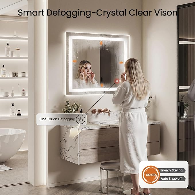 24x30 LED Bathroom Mirror with Lights, Dual Lit, Anti-Fog, Memory | Dimmable 3 Color CRI 90+ for True-to-life Color Accuracy Tempered Glass Horizontal/Vertical Wall Mount for Bathroom Vanity