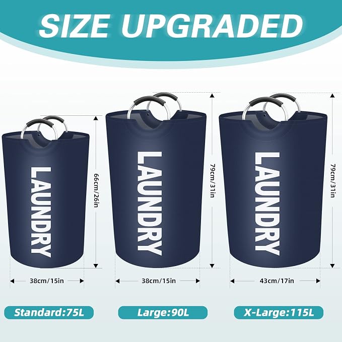 90L Large Laundry Basket, Dirty Clothes Waterproof Laundry Hamper, Blue | Collapsible Laundry Basket with Foam Protected Aluminum Handles for Laundry Dorm Family, Black Dirty Clothes Hamper