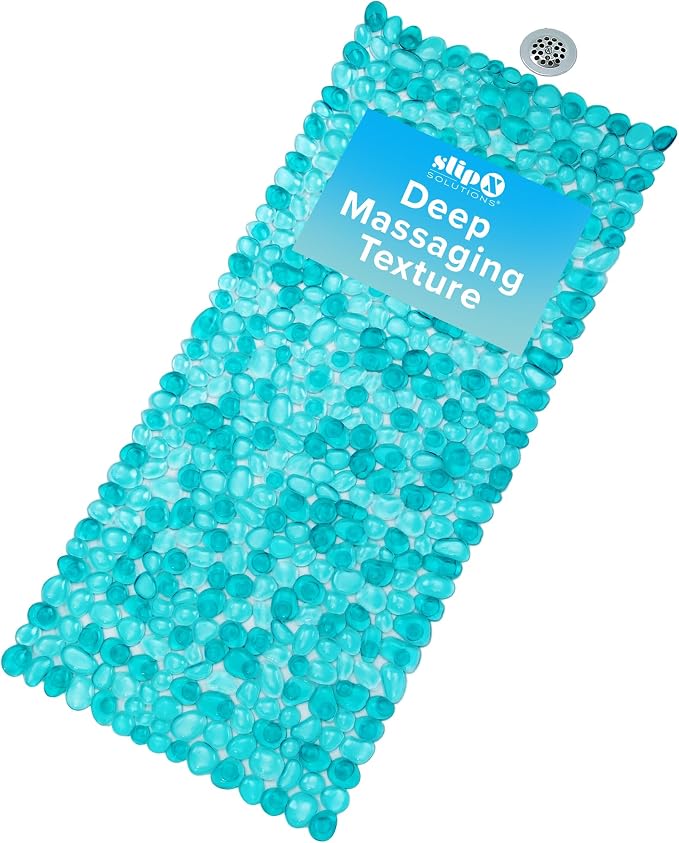 SlipX Solutions 38"x17" Pebble Non Slip Mat for Bath & Shower, Aqua | Foot Massaging Accupressure Bathtub Mat, River Rock Look, 188 Suction Cups, Machine Washable