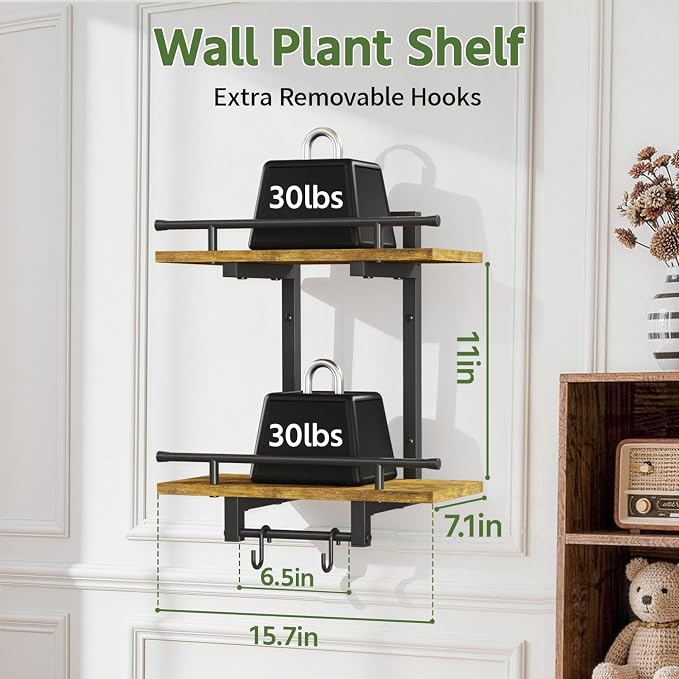 LASZOLA Floating Plant Shelves Holder Wall Mounted Indoor, 1 Pack Plant Hangers Stand with 2 Hooks, Metal and Wood Flower Hanging Display for Bedroom Living Room Kitchen Office Bathroom Decor, Brown