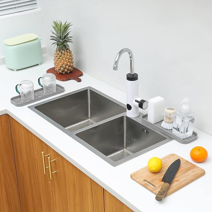 MicoYang Silicone Kitchen Sink Organizer Tray for Multiple Usage,Eco-Friendly Sponges Holder for Kitchen Bathroom Counter or Sink,Dish Soap Dispenser,Scrubber,Bottle,Cup (Grey, 12"×4")