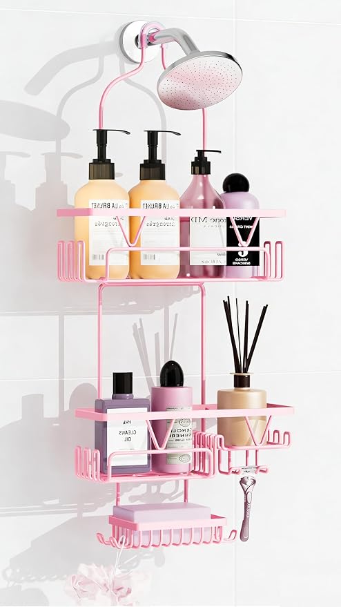 DAOYA Hanging Shower Caddy Over Shower Head, Anti-Swing Shower Organizer For Inside Shower With 2 Soap Holders, Multi Hooks, Rustproof Bathroom Accessories, Pink
