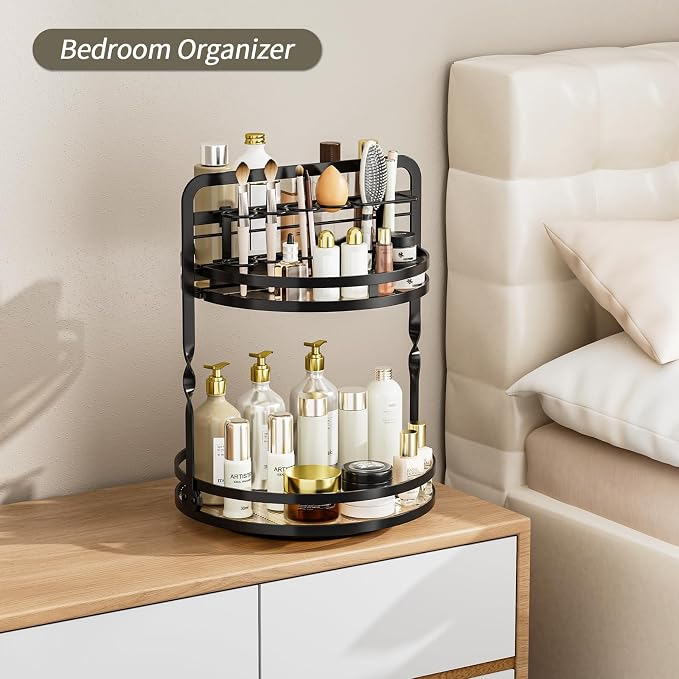360 Rotating Makeup Organizer,Perfume Organizer, Bathroom Counter Organizer | 2-Tier Large Capacity Gold Vanity Organizer for Dresser,Perfume Shelf with Makeup Brush Holder Stores Skincare and Cosmetics
