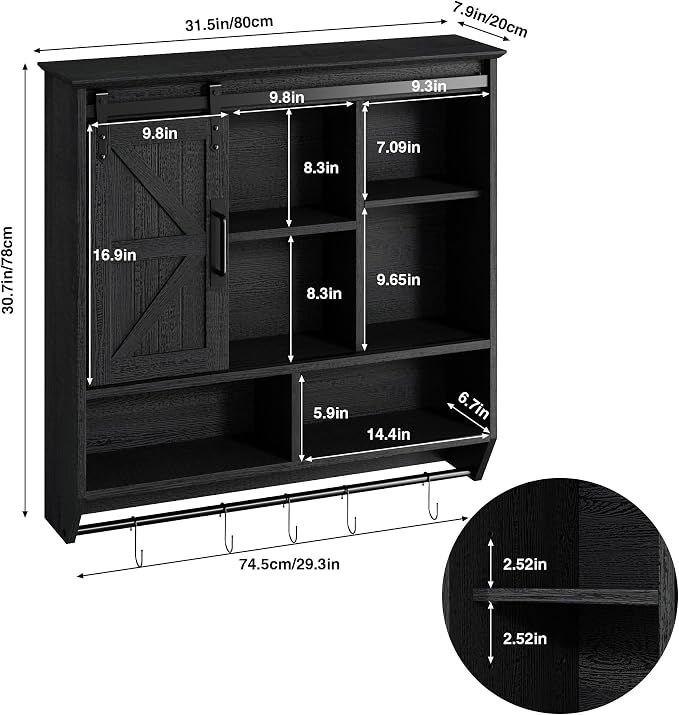 RUSTOWN Farmhouse Bathroom Wall Storage Cabinet with Sliding Barn Doors | 3-Tier, Rustic Wood Wall Mounted Cabinets, Vintage Medicine Cabinet, Adjustable Shelves, Over The Toilet Storage Cabinet