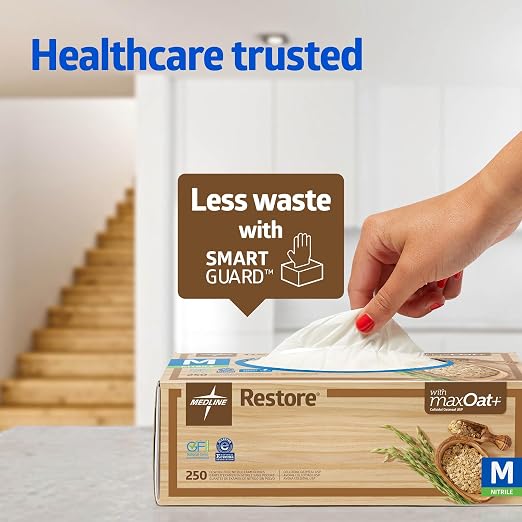 Medline Restore Nitrile Exam Gloves, 230 Count, X-Large, Powder Free, Disposable, Colloidal Oatmeal to Soothe Hands, Strong, Tear Resistant for Medical Tasks, Household Chores and More
