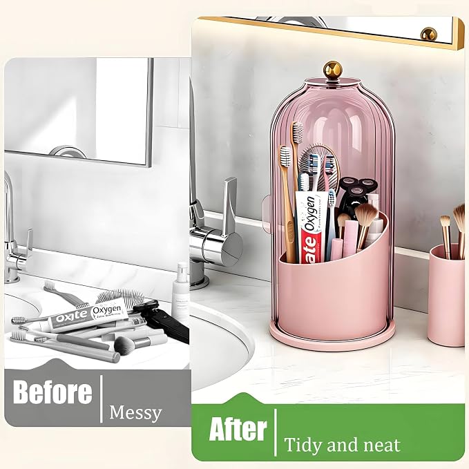 JEESA Dustproof Toothbrush Holder with Cover, Pink | 360° Rotating, 180° Sliding Lid, 3 Slots, Toothbrush Organizer, for Bathroom Countertop