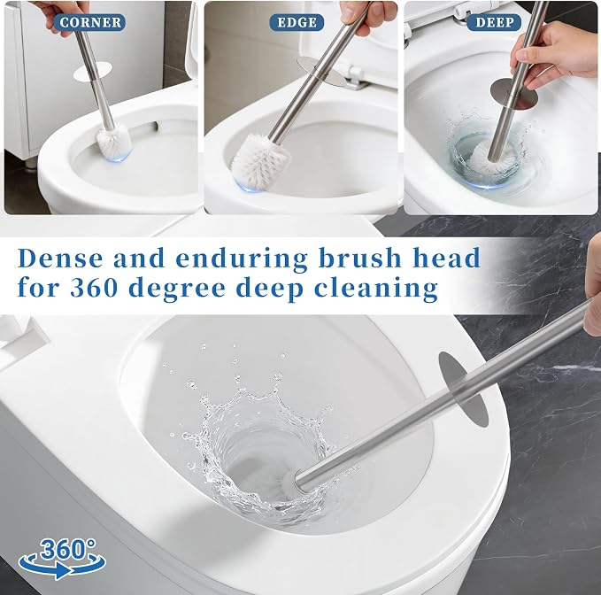 2 Pack Toilet Brush and Holder Set for Bathroom, Champagne Gold | Plastic Toilet Bowl Brush with 304 Stainless Steel Long Handle
