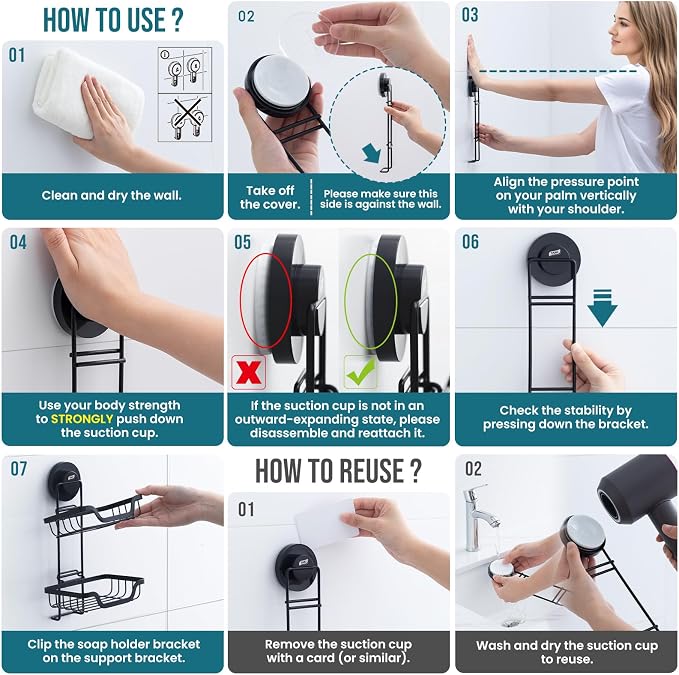 TAILI Soap Holder, Soap Dish Suction Cup with Hooks, Stainless Steel (Light Black) | Soap Dish for Shower, Bathroom Bar soap holder Shower Wall, Stainless Steel Sponge Holder for Tub Kitchen, Black