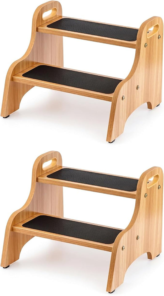 StrongTek Wooden 2 Step Stool, 350 lb Capacity, Non-Slip, 2 Pack | Wide Non-Slip Steps, Built-In Handles, Stable Support for Sink, Potty Training, Kitchen, Bathroom and Bedside