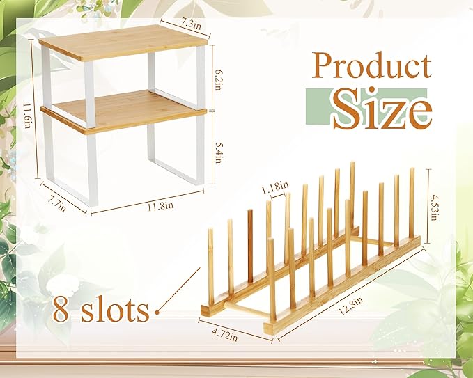 Marsui 4 Pcs Kitchen Organizer Accessories Set for Cabinet,Wooden Color | Cabinet Organizer Shelves, Bamboo Dish Drying Plate Rack, Wooden Counter Storage Holder, for Spice Dish Pot Lid Bowl Cup