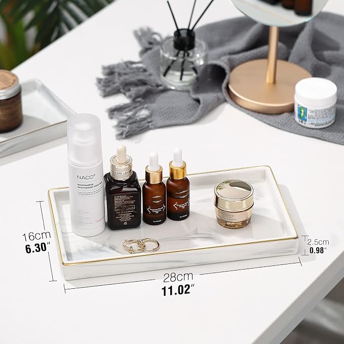 Luxspire Bathroom Vanity Tray Ceramic Jewelry Dish, M, Marble White | 11 x 6.3 inch Smooth matte ceramic, easy clean, anti-slip bottom, organize soap dispenser jewelry candles