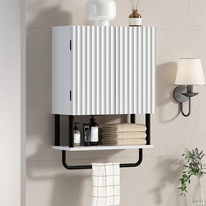 RUSTOWN Fluted Bathroom Wall Cabinet with 2 Doors, 3-Tier Medicine Cabinet | Modern Farmhouse Wall Mounted Cabinets, Over The Toilet Storage Cabinet, Adjustable Shelf and Towel Bar, Small