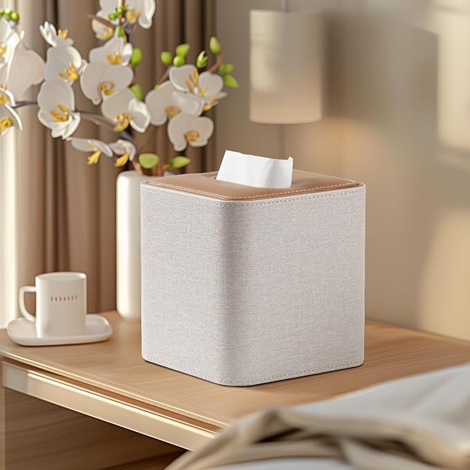 Square Tissue Box Cover PU Leather Tissue Box Holder Cube (Linen) | Magnetic Closure, Soft Velvet Lining, Decorative Modern Design, For Bathroom