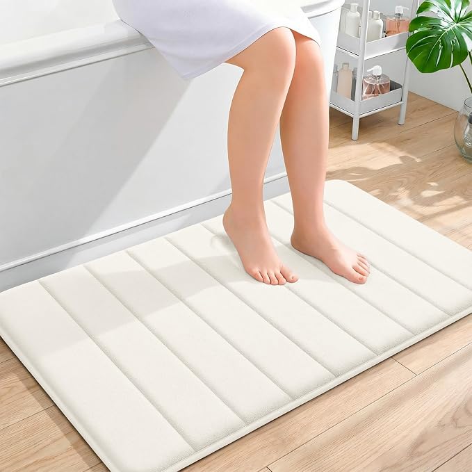 OLANLY Memory Foam Bath Mat 35x24, Super Soft and Absorbent Bathroom Rugs | Ivory, Quick Dry Bath Rug, Machine Washable Shower Floor Mats, Bathmat Carpet for Bathroom Floor, Tub and Shower