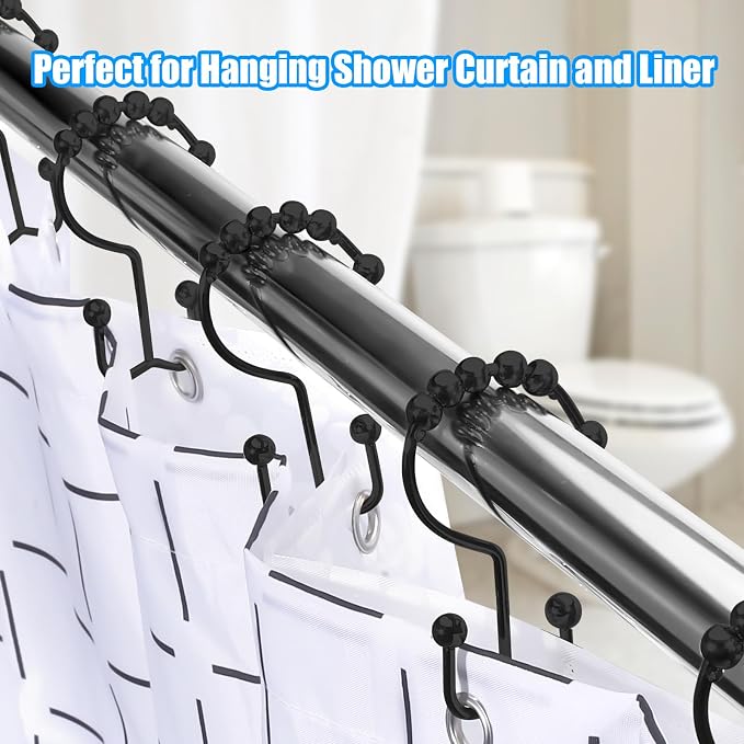 Shower Curtain Hooks,Double Sided Black Shower Curtain Hooks Rust Proof,Set of 12 Stainless Steel Shower Hooks for Both Curtain and Liner(Black E-Hooks)