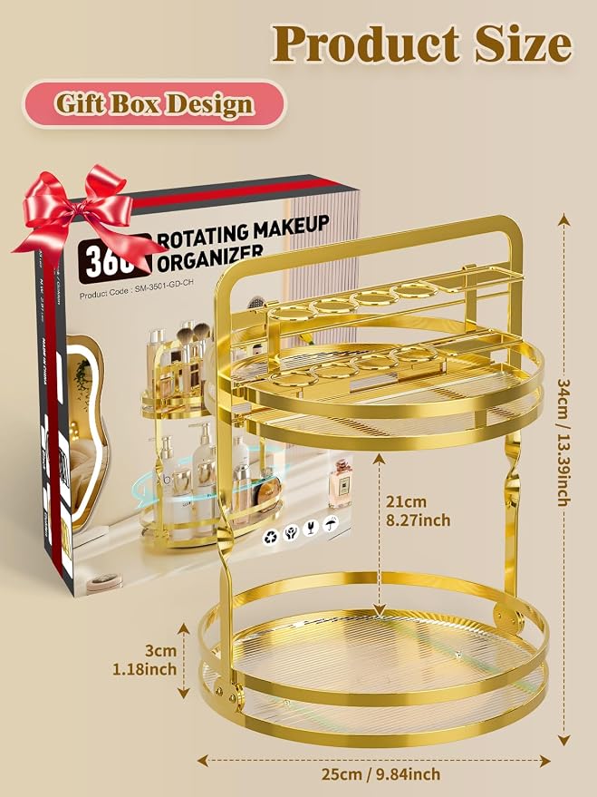 360°Rotating Makeup Organizer, Gold Bathroom Organizer Countertop | 2-Tier Bathroom Organizer Countertop, Lazy Susan Spinning Perfume Stand Vanity Tray Skincare Storage with Makeup Brush Holder