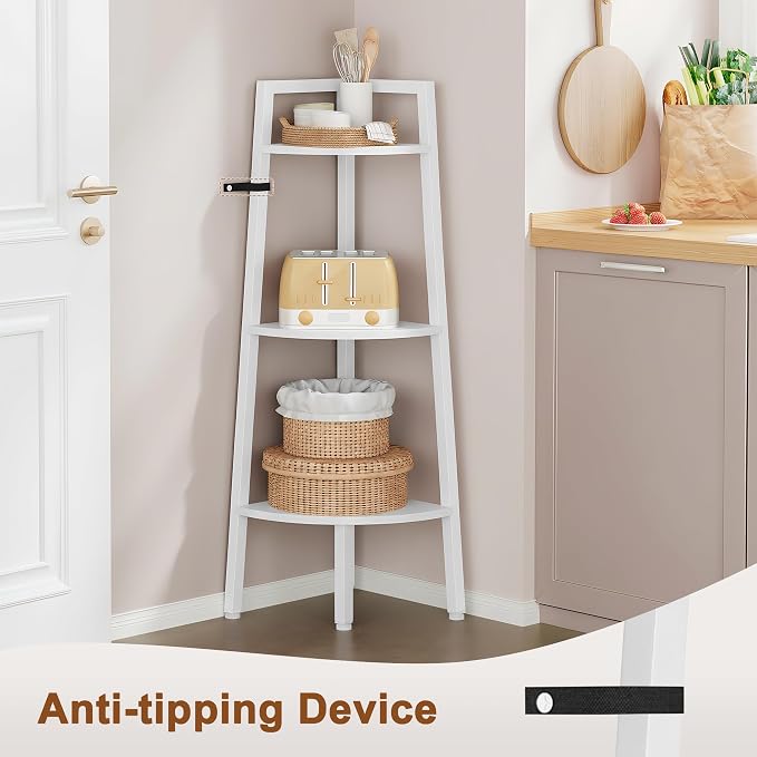 Hoctieon Corner Shelf, 3-Tier 40" Tall Corner Bookshelf, Rustic Ladder Shelf, Industrial Display Stand for Living Room, Kitchen, Home Office, Balcony, Small Space, Metal Frame, White
