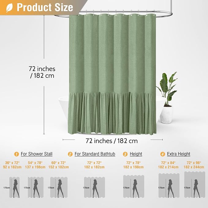 Linen Ruffle Modern Farmhouse Cloth Boho Shower Curtain, 72x72, Green | Ruffle Hem, Heavy Duty Fabric, 12 Hooks, Elegant Drape, Shabby Chic Style, Bathroom Decor, Machine Washable, Easy To Install