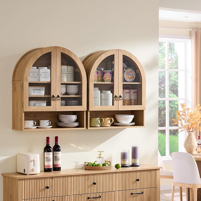 IFGET Bathroom Arched Wall Cabinet, 23.6'' Wide Medicine Cabinet with Adjustable Shelves & Glass Doors, Over The Toilet Storage Wall Mount Cabinet for Laundry Room, Kitchen & Living Room, Natural Oak