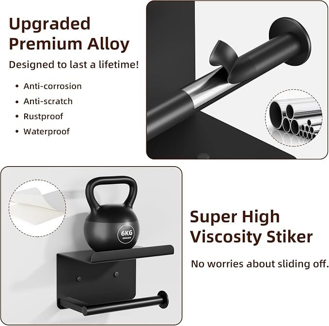 Adhesive Toilet Paper Holder with Phone Shelf, Wall Mounted Toilet Paper Roll Holder, Rustproof Bathroom Tissue Roll Holder with Shelf, Sticky Toilet Paper Roll Holder- Matte Black… | Two Installation Ways:Self Adhesive or Wall Mount, Stick On Toilet P...