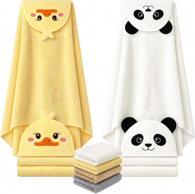 6 PCS Toddler Towels Set for Boy Girl 0-5 Year Essentials, Yellow & White | Large Size 55"x27.5", 2 PCS Hooded Baby Bath Towels & 4 PCS Washcloths, Ultra Soft, Thick and Absorbent, Newborn Essentials