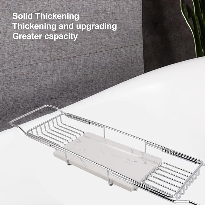 Metal Marble Bathtub Rack, Bathtub Caddy Tray Stainless Steel Shower Caddy Tray with Extending Sides, Bathroom Trays (Silver White)