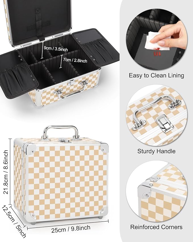 Relavel Makeup Bag with LED Mirror, Makeup Box Travel Train Case with Lighted Mirror & Adjustable Dividers, Cosmetic Brush Organizer Storage for Makeup Artists Gifts for Women and Girls (Plaid, Small)