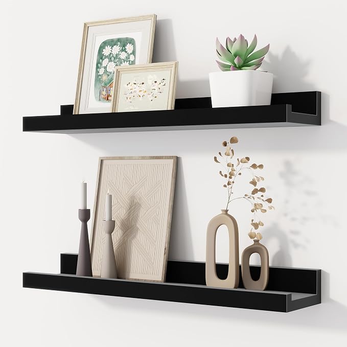 Fun Memories Floating Picture Ledge Shelves Set of 2, 16 Inch Solid Wood Wall Shelves with Lip, Large Nursery Book Shelf for Toys Storage, Kids Bookshelf, Living Room, Bedroom Decor Frames, Black