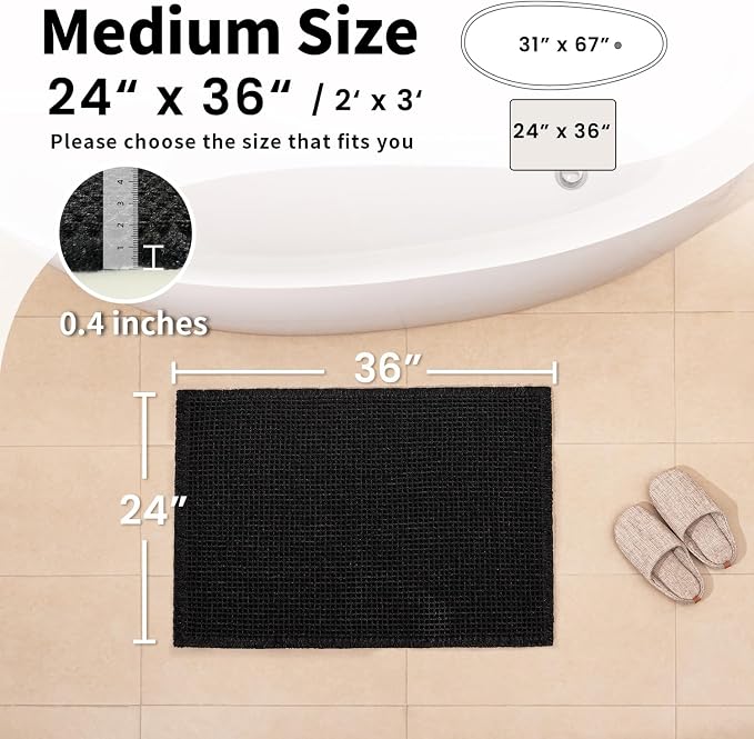 Black Bathroom Rug, Waffle Bath Mat Non Slip Washable, 24" x 36" | Super Absorbent Quick Dry Bath Mat, Boho Bathroom Mats, Soft Waffle Weave Farmhouse Bathroom Decor for Shower or Tub