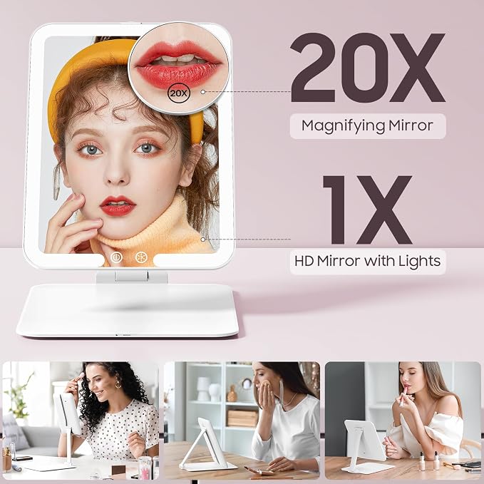 Foldable Travel Makeup Mirror with Lights & 20X Magnifying, White | Rechargeable LED Vanity Mirror, Height & Angle Adjustable, 3-Colors Lighting, Smart Auto Sensor, Portable Tabletop Mirror