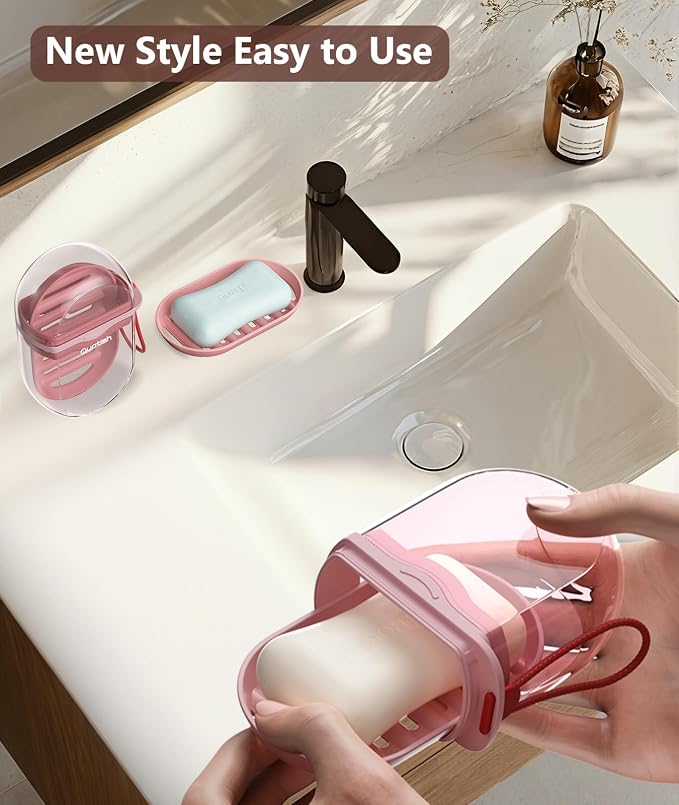 Quatish Leakproof Travel Soap Case with Lid, Shatterproof Bar Soap Holder Dish Container, Portable Travel Size Toiletries Camping Essentials for Gym, Dorm, Bathroom, Pink