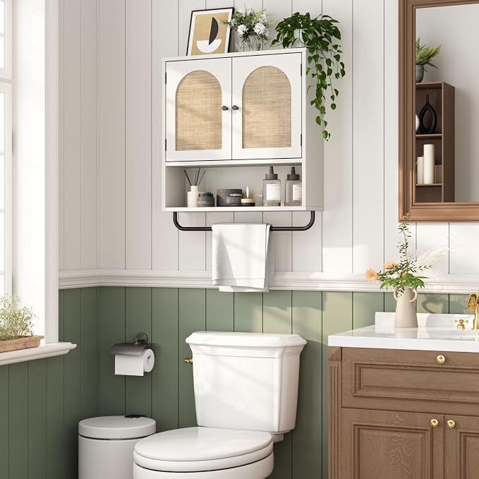 RUSTOWN Rattan Bathroom Wall Cabinet, Boho Medicine Cabinet with 2 Doors | Arched Doors, Farmhouse Over The Toilet Storage Cabinets, Adjustable Shelves, Towel Bar, 3-Tier Wall Mounted Cabinets