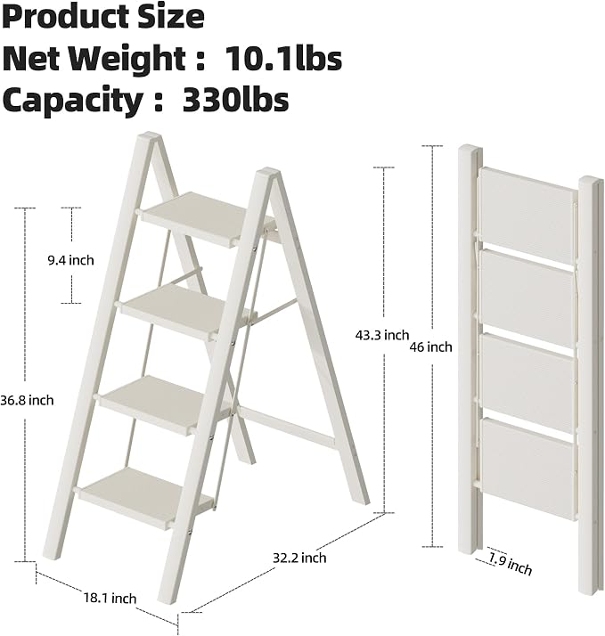 HillhutApex Aluminum Step Stool Foldable,4 Step Ladder (White) | Lightweight Portable step ladder with Anti-Slip Wide Pedal,330lbs Capacity Ladder for Household,Office,Kitchen