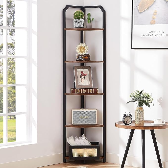 MNEETRUNG Corner Shelf, 5-Tier Industrial Corner Bookshelf, Freestanding Corner Shelf Stand with Metal Frame, Open Corner Plant Stand for Small Space, Home Office, Living Room, Bedroom, Brown