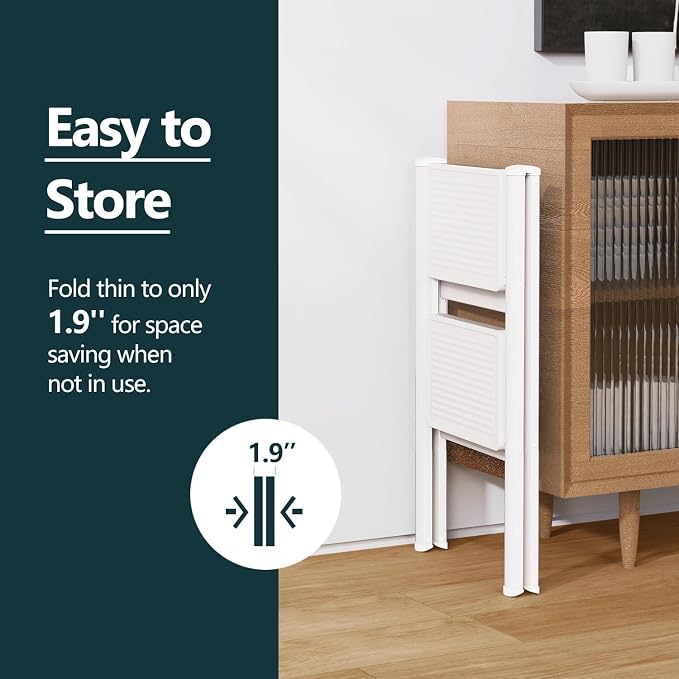 2 Step Foldable Step Stool, 330lbs Load, White | Folded 26'' H x 2'' T; Net 7.4 lbs; Anti-Slip Feet Grip Wood, Tile, Carpet; Wide Pedals; For Kitchens, Closets.