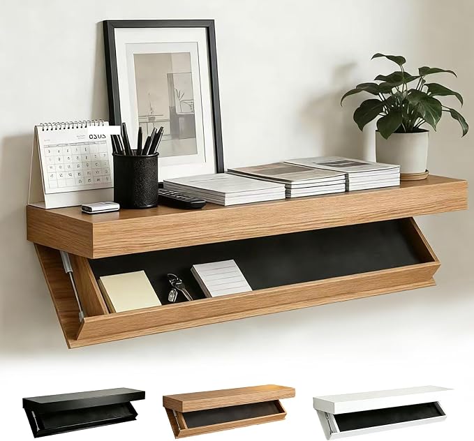 Floating Hidden Shelves for Wall with Concealed Storage Drawer, Hidden Shelf Night Stand with Secret Compartment, for Home Office Living Room, Wood