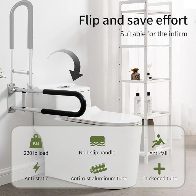 Toilet Grab Bar 28 Inch Flip Up Aluminum Handicap Rails Grab Bars Toilet Rail Bathroom U Shaped and Wall Mount Safety for Seniors Elderly Disabled Pregnant Injured Patients
