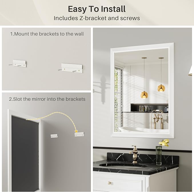 24x36 Inch White Bathroom Mirror for Wall, Thick Metal Framed Rectangle Mirrors for Over Sink, Bedroom, Living Room, Entryway, Anti-Rust, HD Tempered Glass