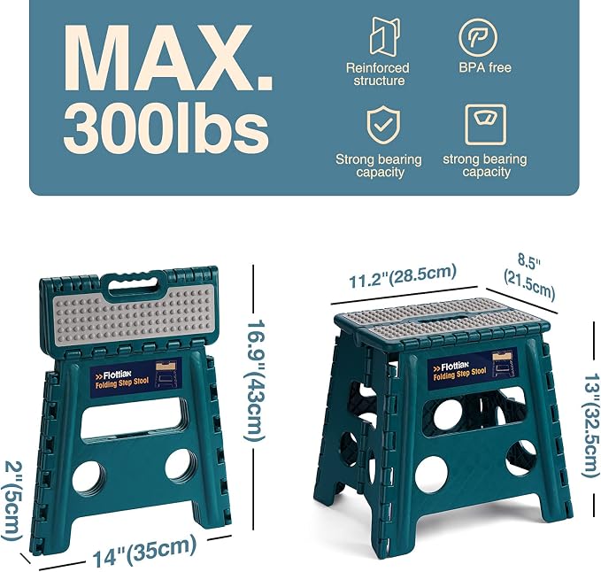 Flottian 13" Folding Step Stool for Adults and Kids Holds Up to 300 lbs,Non-Slip Folding Stools with Handle, Compact Plastic Foldable Step Stool for Bathroom,Bedroom, Kitchen Turquoise Green,1PC