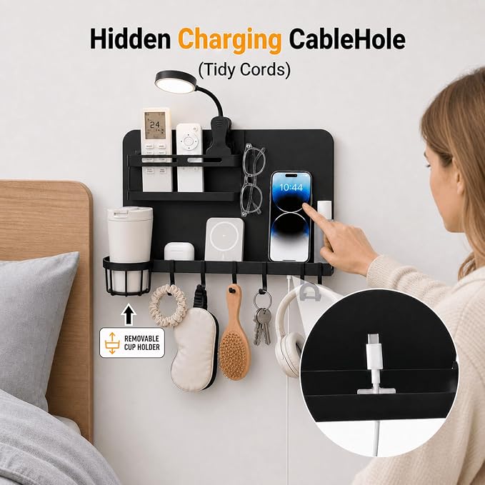 Metal Bedside Wall Shelf,【No Drill】 Wall Organizer for Dorm Teen Room Decor | Floating Bedside Shelf Wall Mount Nightstand for Bedroom, Loft Bed, Bunk Bed, Small Room Stuff, Teen Girl, RV Shelves, Dorm