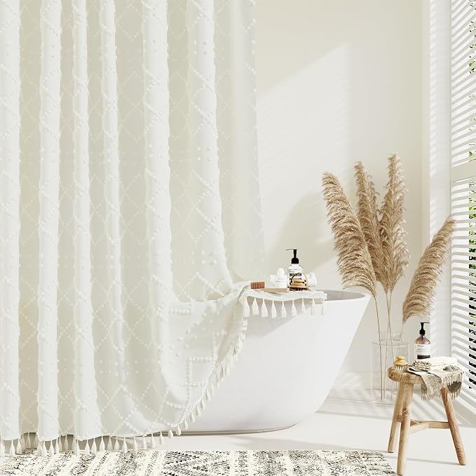Stall Boho Farmhouse Shower Curtain Tufted Geometric 54"x78" Cream | 54 x 78 inch Long, Elegant Tassel, Lightweight Textured Fabric, Water Repellent, Washable, for Narrow Bathroom/Dorm 10 Hooks