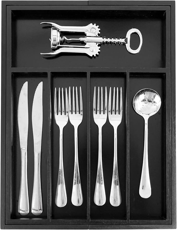 VaeFae Bamboo Drawer Organizer, Medium, Black | Wooden Utensil Holder for Forks Knives, 38 cm D x 29.2-45.7 cm W, 5-7 Slots, Black