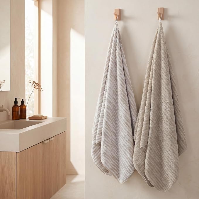 REDKISS 2 Pack Beige Bath Towels Set, 100% Cotton Double-Sided Design | Ultra Soft, Super Absorbent, Quick Dry Bathroom Towels for Bathroom, Gym, Spa, Pool, Hotel & Family Use, 29 x 59 Inches